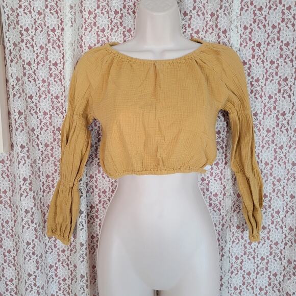 CROP TOP 7 for all mankind mustard yellow textured peasant crop top Small - Picture 1 of 9